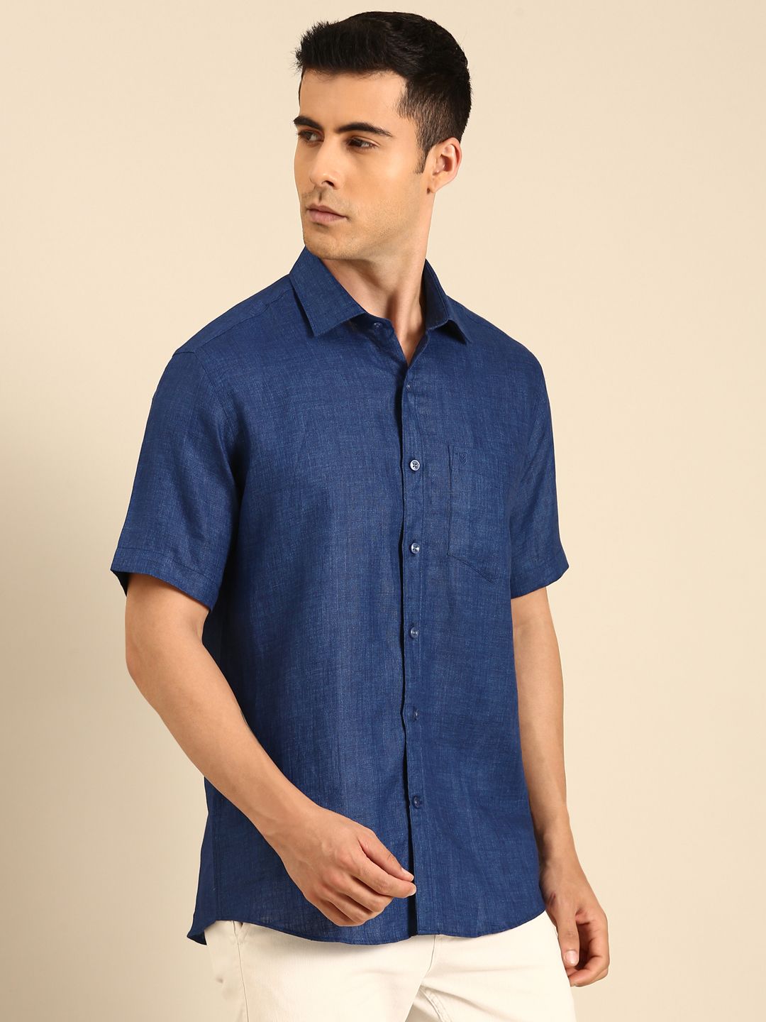 Linen Club Men's Linen Blend Royal Blue Solid Contemporary Fit Half Sleeves Casual Shirt