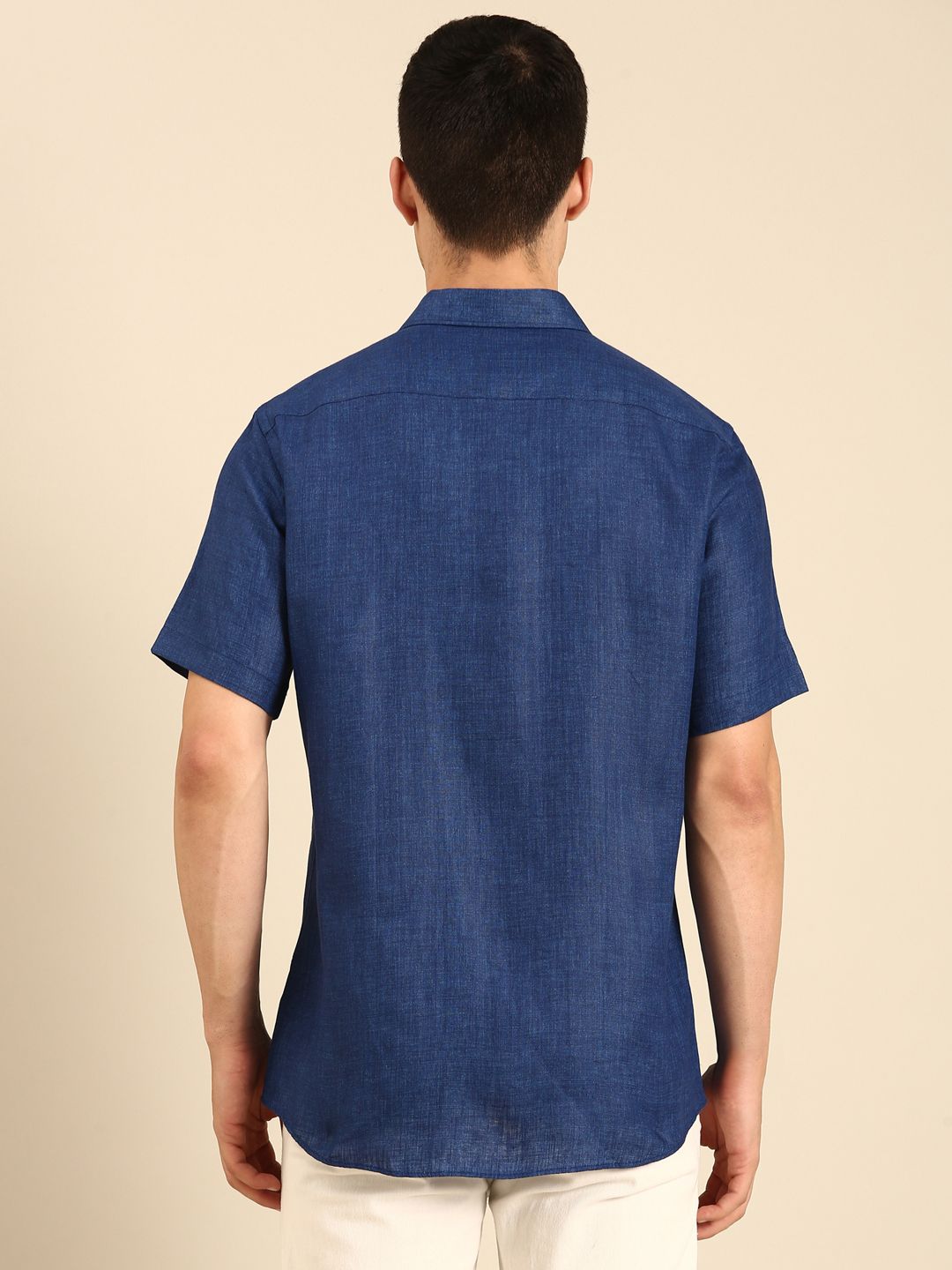Linen Club Men's Linen Blend Royal Blue Solid Contemporary Fit Half Sleeves Casual Shirt