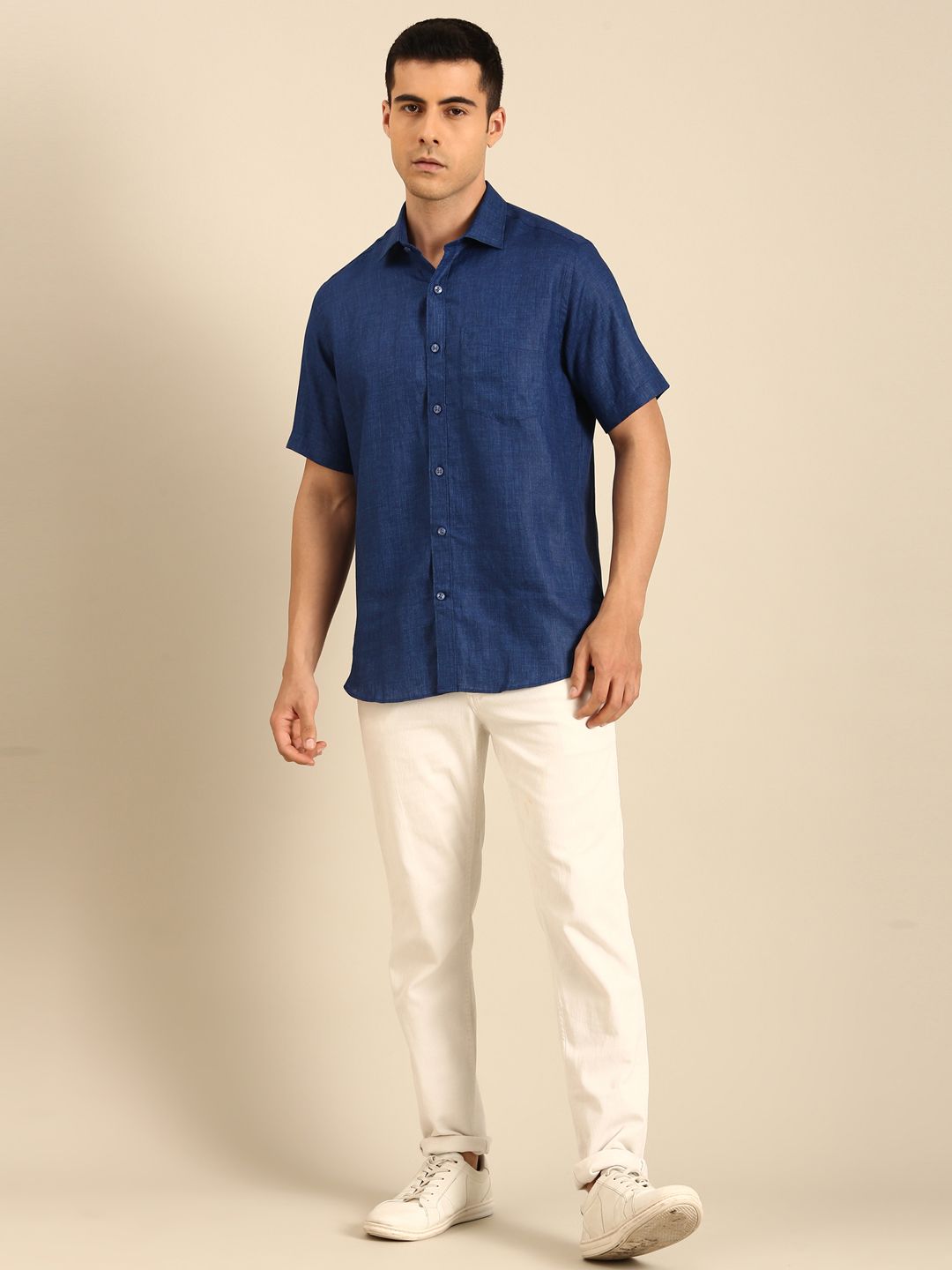 Linen Club Men's Linen Blend Royal Blue Solid Contemporary Fit Half Sleeves Casual Shirt