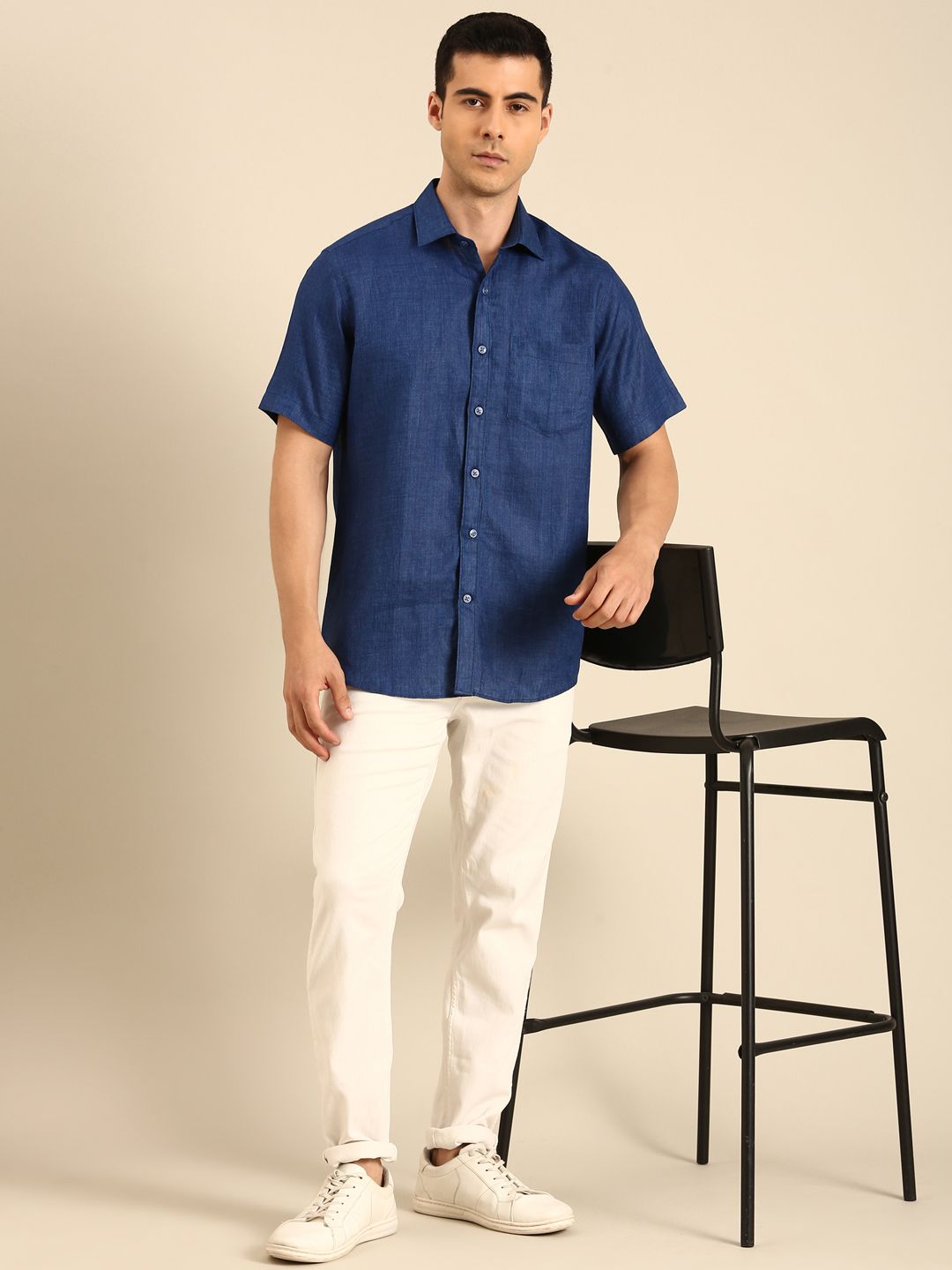 Linen Club Men's Linen Blend Royal Blue Solid Contemporary Fit Half Sleeves Casual Shirt