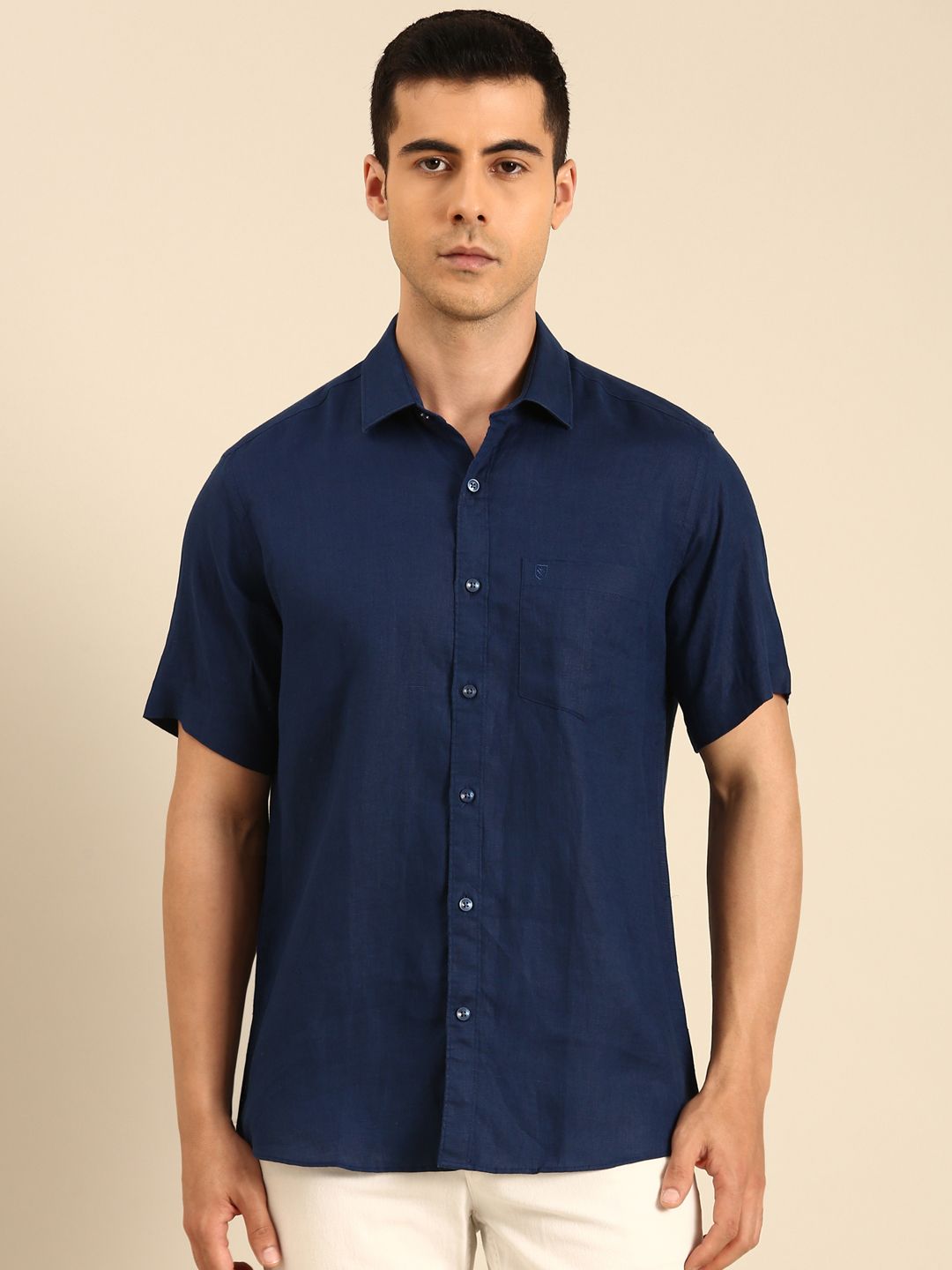 Linen Club Men's  Pure Linen Navy Blue Solid Contemporary Fit Half Sleeves Casual Shirt