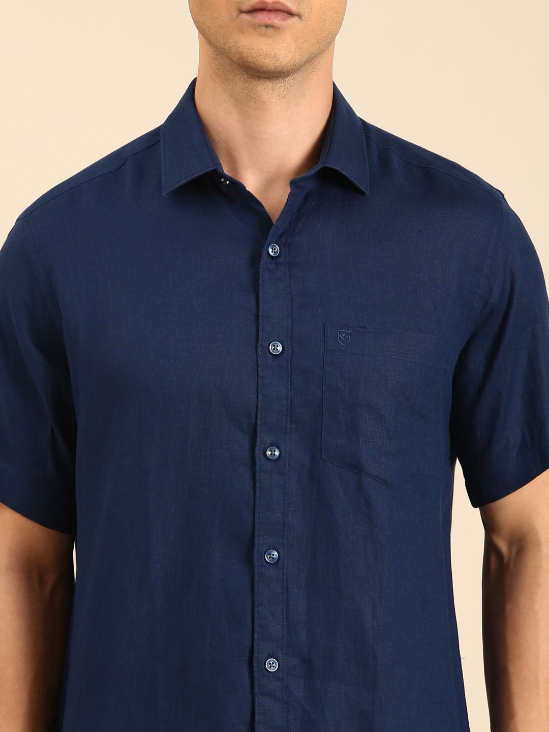 Linen Club Men's  Pure Linen Navy Blue Solid Contemporary Fit Half Sleeves Casual Shirt