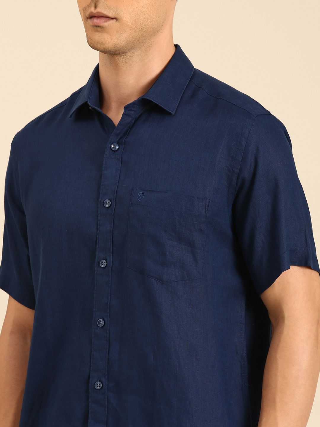 Linen Club Men's  Pure Linen Navy Blue Solid Contemporary Fit Half Sleeves Casual Shirt