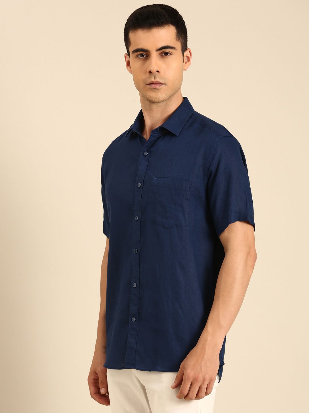 Linen Club Men's  Pure Linen Navy Blue Solid Contemporary Fit Half Sleeves Casual Shirt