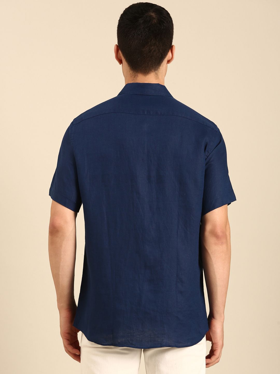 Linen Club Men's  Pure Linen Navy Blue Solid Contemporary Fit Half Sleeves Casual Shirt