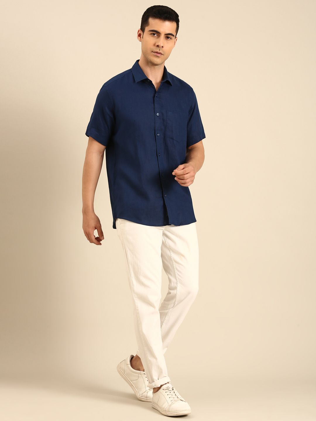 Linen Club Men's  Pure Linen Navy Blue Solid Contemporary Fit Half Sleeves Casual Shirt