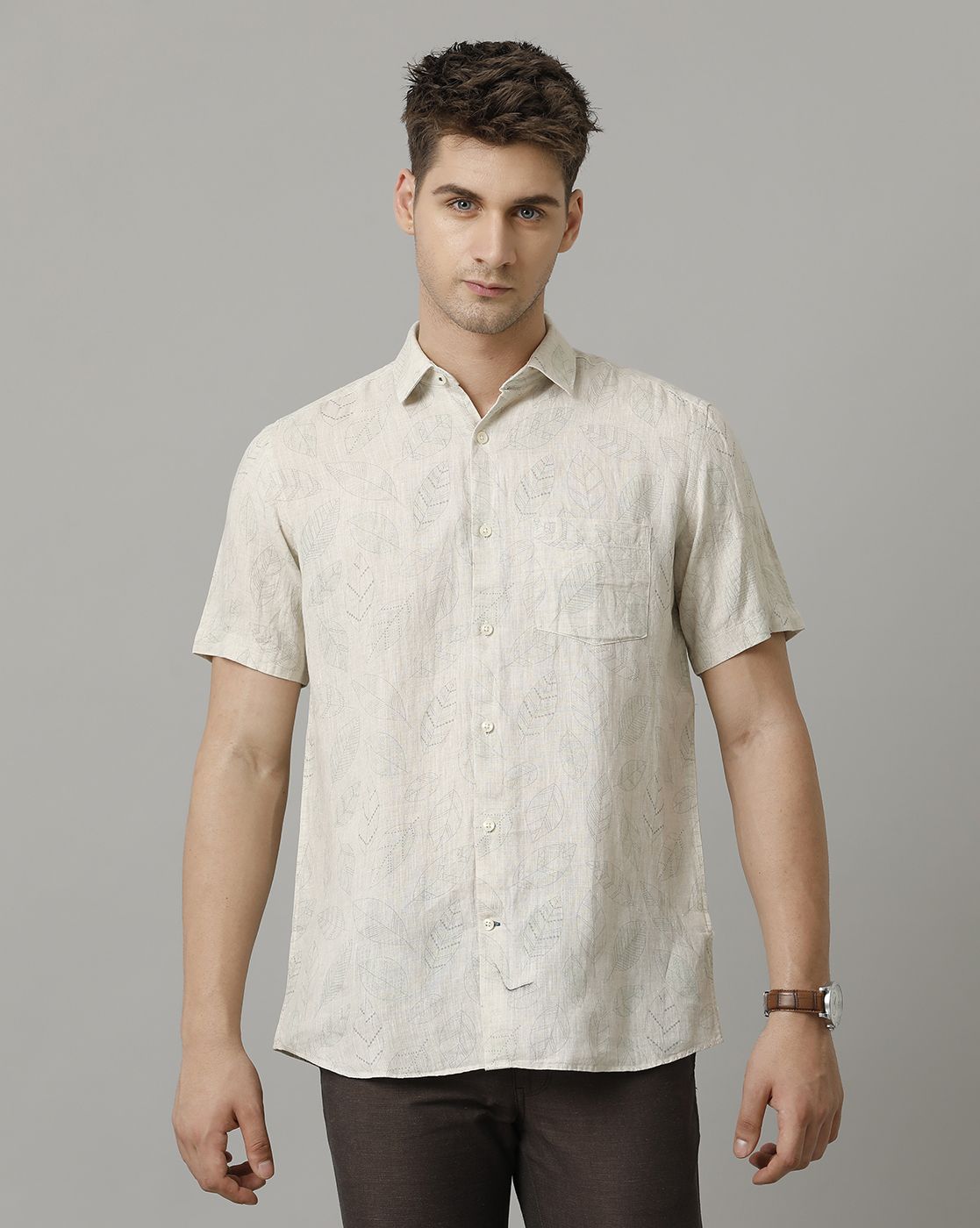 Men's Pure Linen Beige Printed Contemporary Fit Half Sleeve Sleeve Casual Shirt