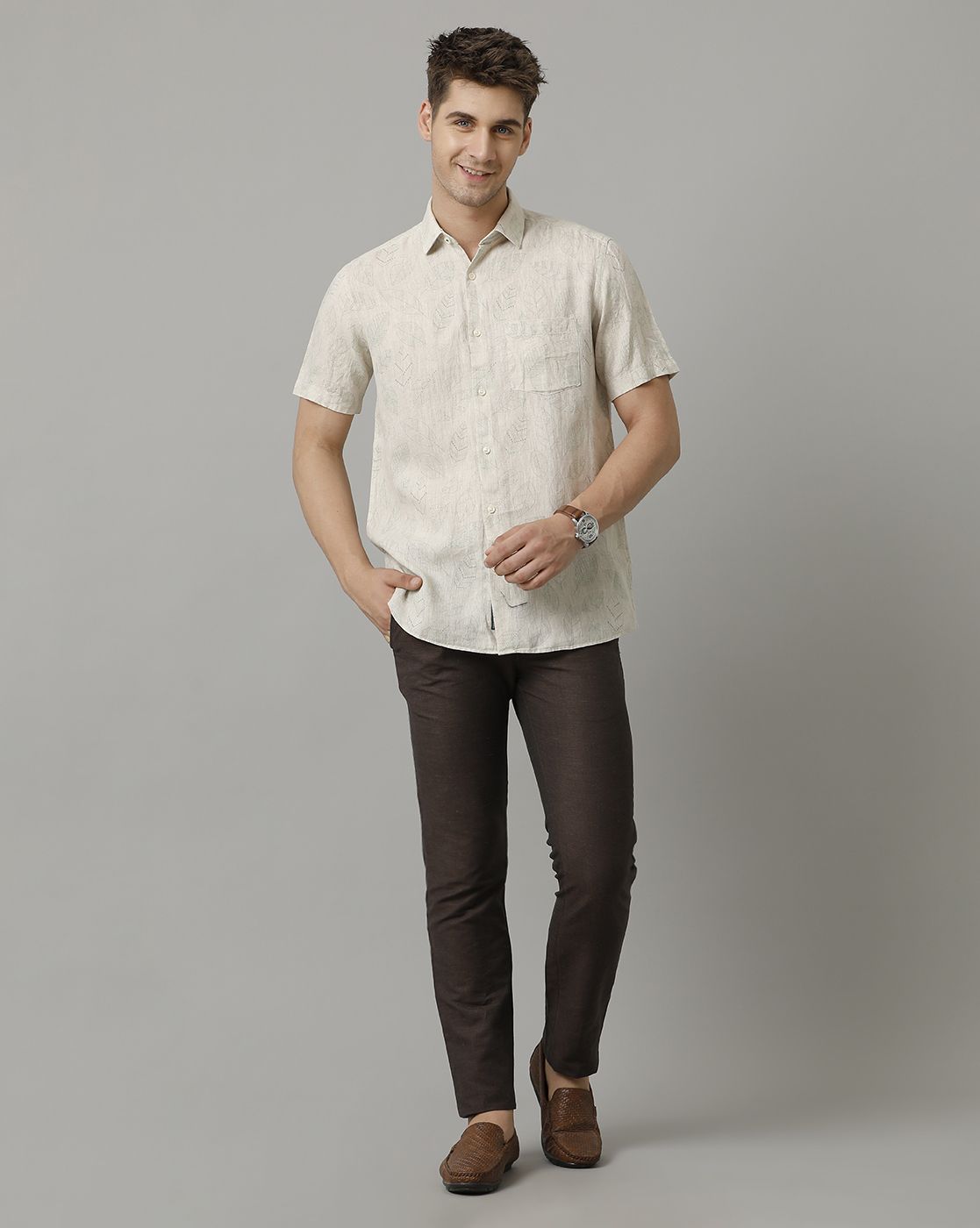 Men's Pure Linen Beige Printed Contemporary Fit Half Sleeve Sleeve Casual Shirt