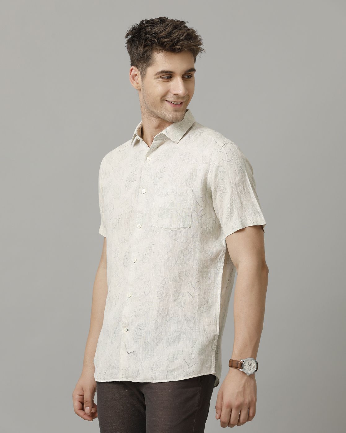 Men's Pure Linen Beige Printed Contemporary Fit Half Sleeve Sleeve Casual Shirt