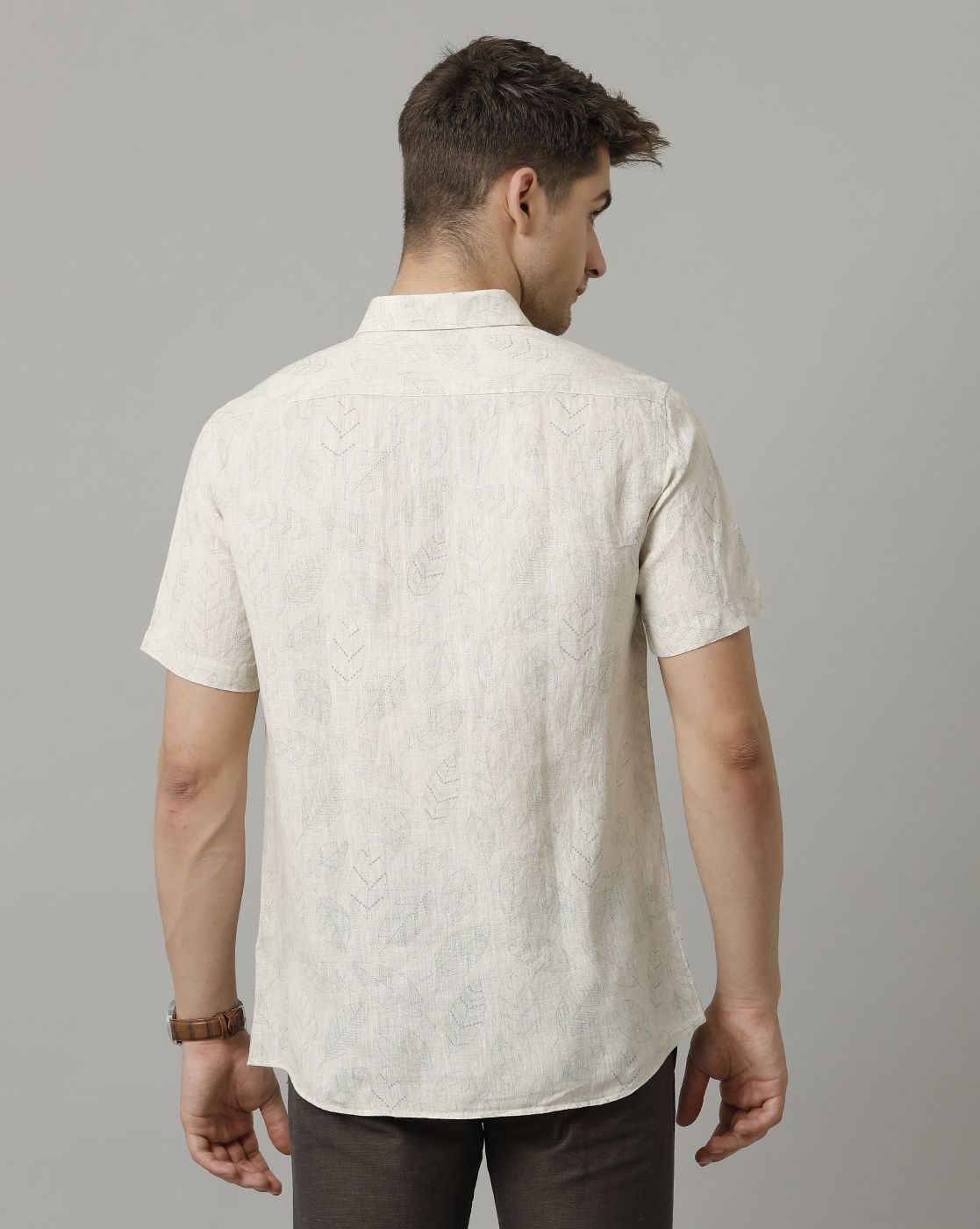 Men's Pure Linen Beige Printed Contemporary Fit Half Sleeve Sleeve Casual Shirt