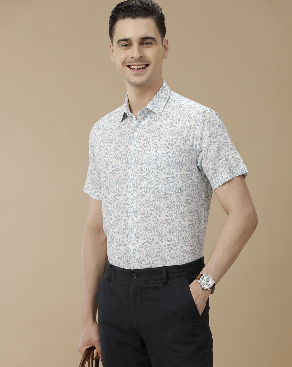Men's Linen Rich Blue Printed Contemporary Fit Half Sleeve Casual Shirt