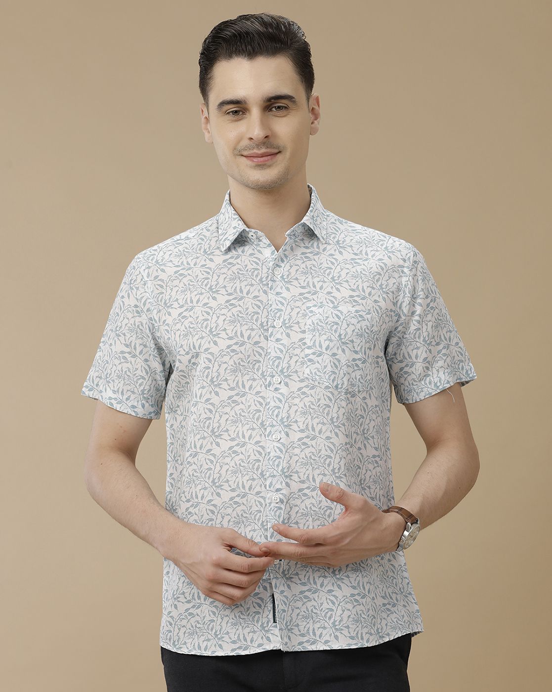 Men's Linen Rich Blue Printed Contemporary Fit Half Sleeve Casual Shirt