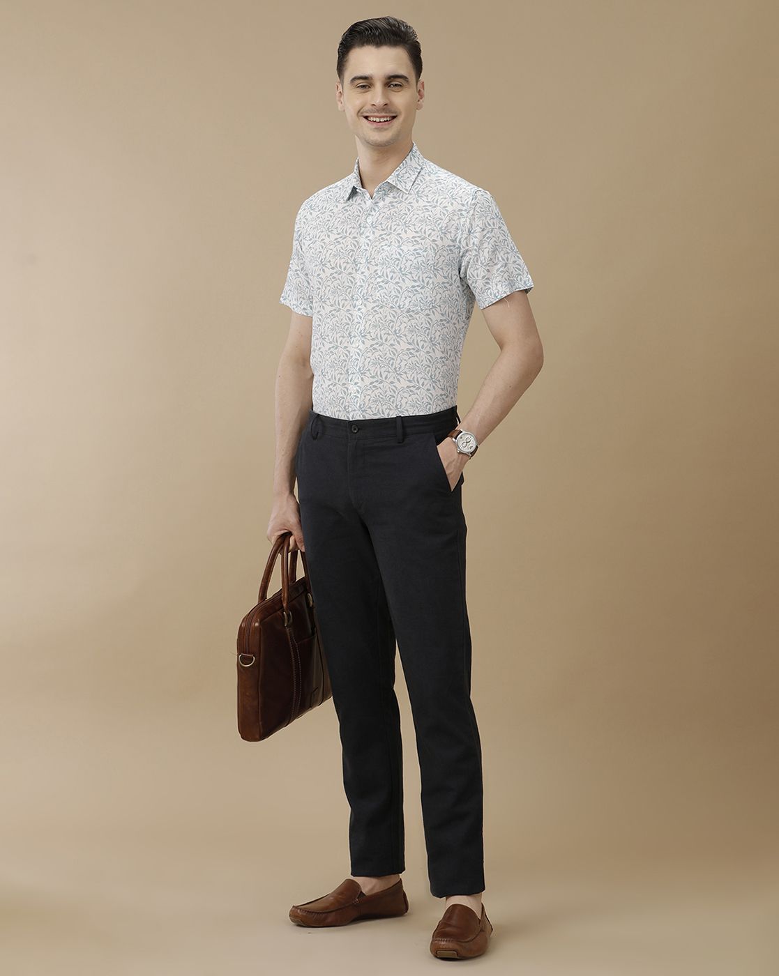 Men's Linen Rich Blue Printed Contemporary Fit Half Sleeve Casual Shirt