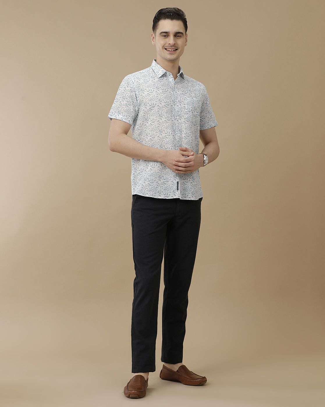 Men's Linen Rich Blue Printed Contemporary Fit Half Sleeve Casual Shirt