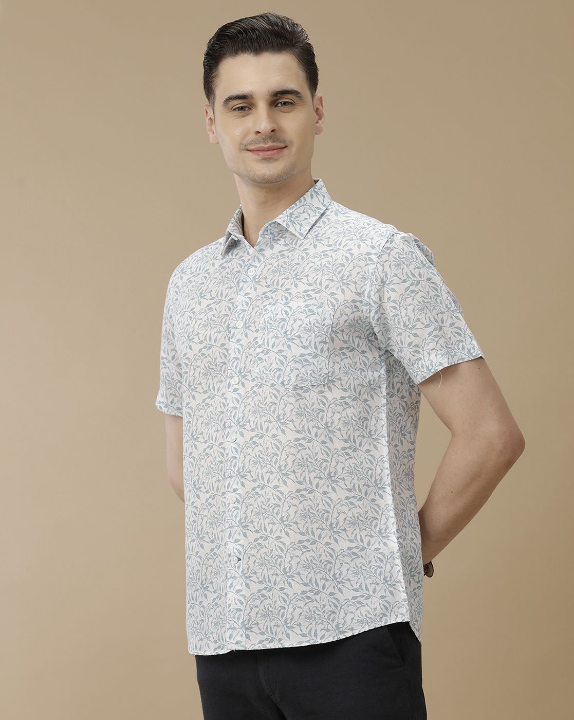 Men's Linen Rich Blue Printed Contemporary Fit Half Sleeve Casual Shirt