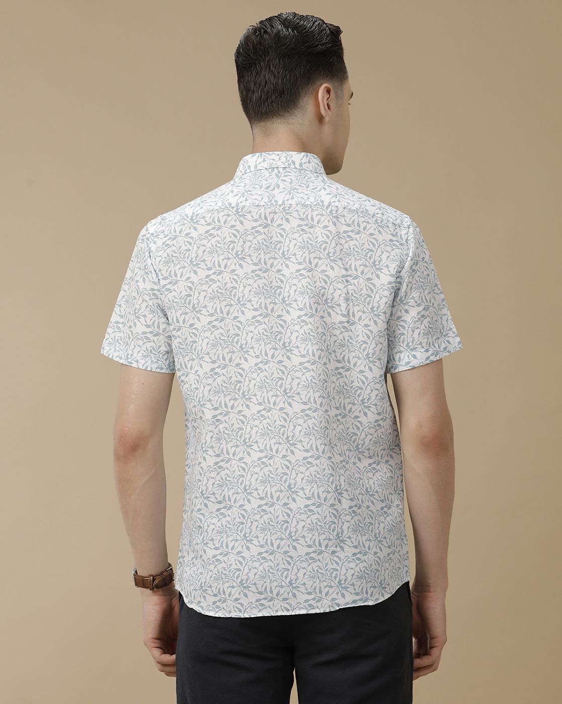 Men's Linen Rich Blue Printed Contemporary Fit Half Sleeve Casual Shirt