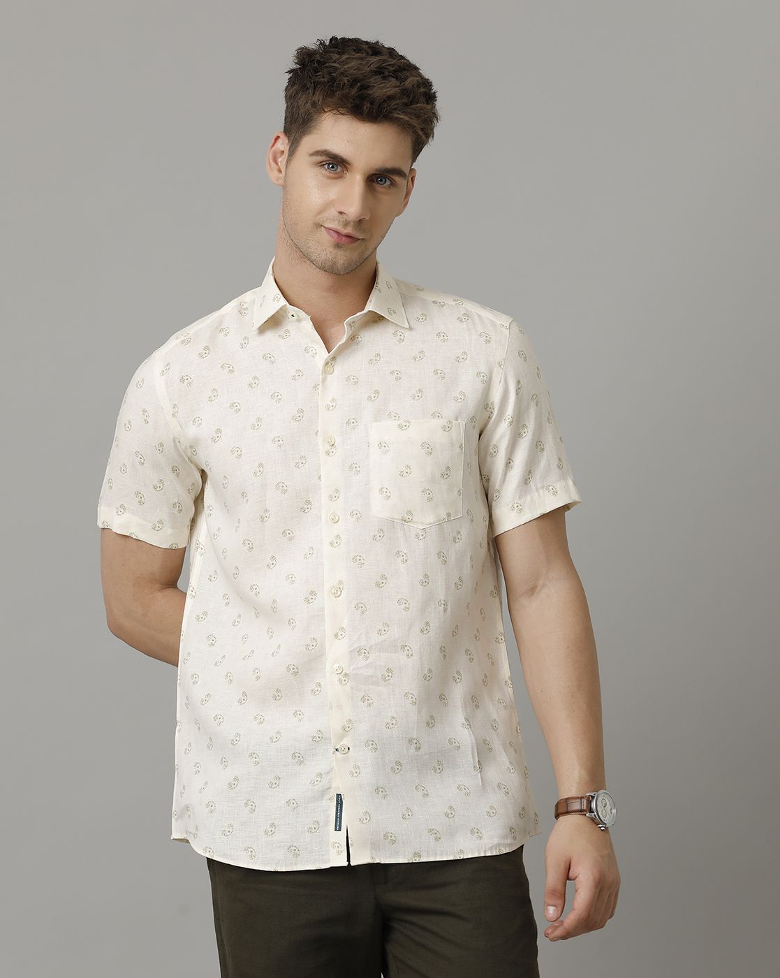 Men's Pure Linen Beige Printed Contemporary Fit Half Sleeve Sleeve Casual Shirt