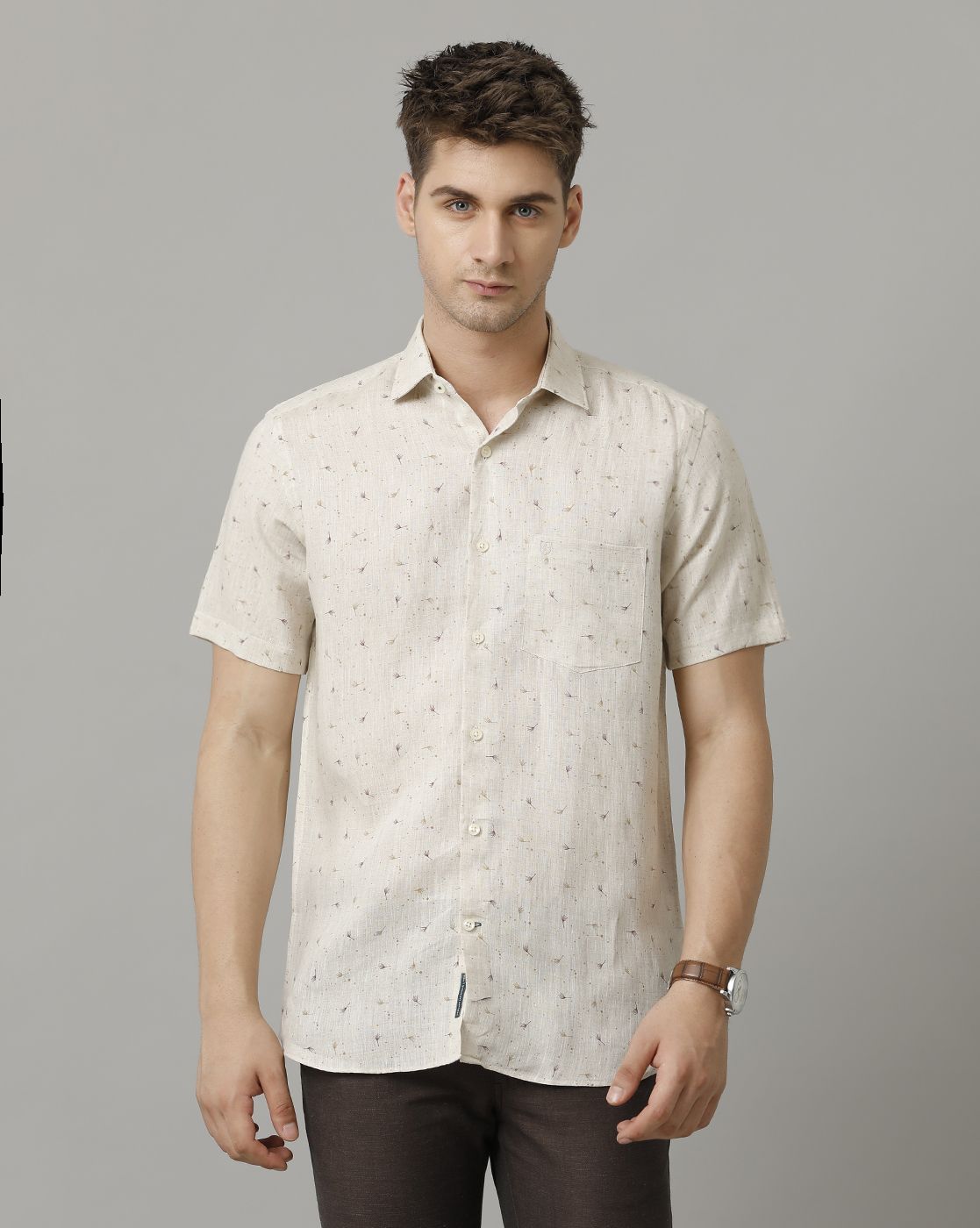 Men's Pure Linen Beige Printed Contemporary Fit Half Sleeve Sleeve Casual Shirt