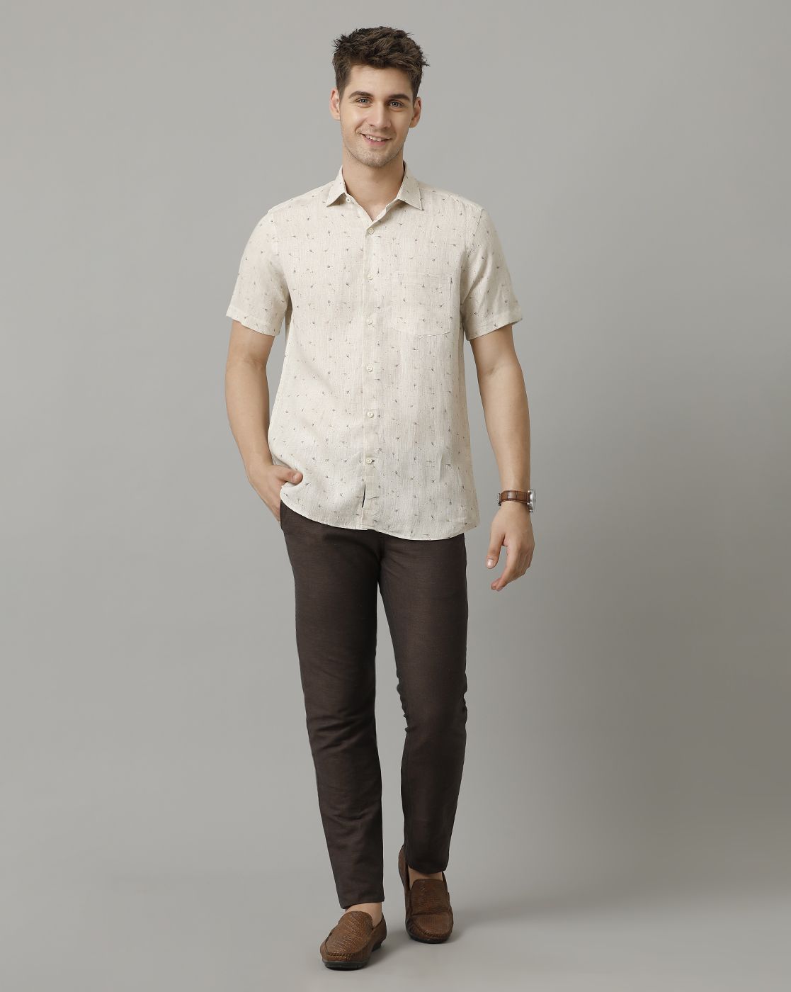 Men's Pure Linen Beige Printed Contemporary Fit Half Sleeve Sleeve Casual Shirt
