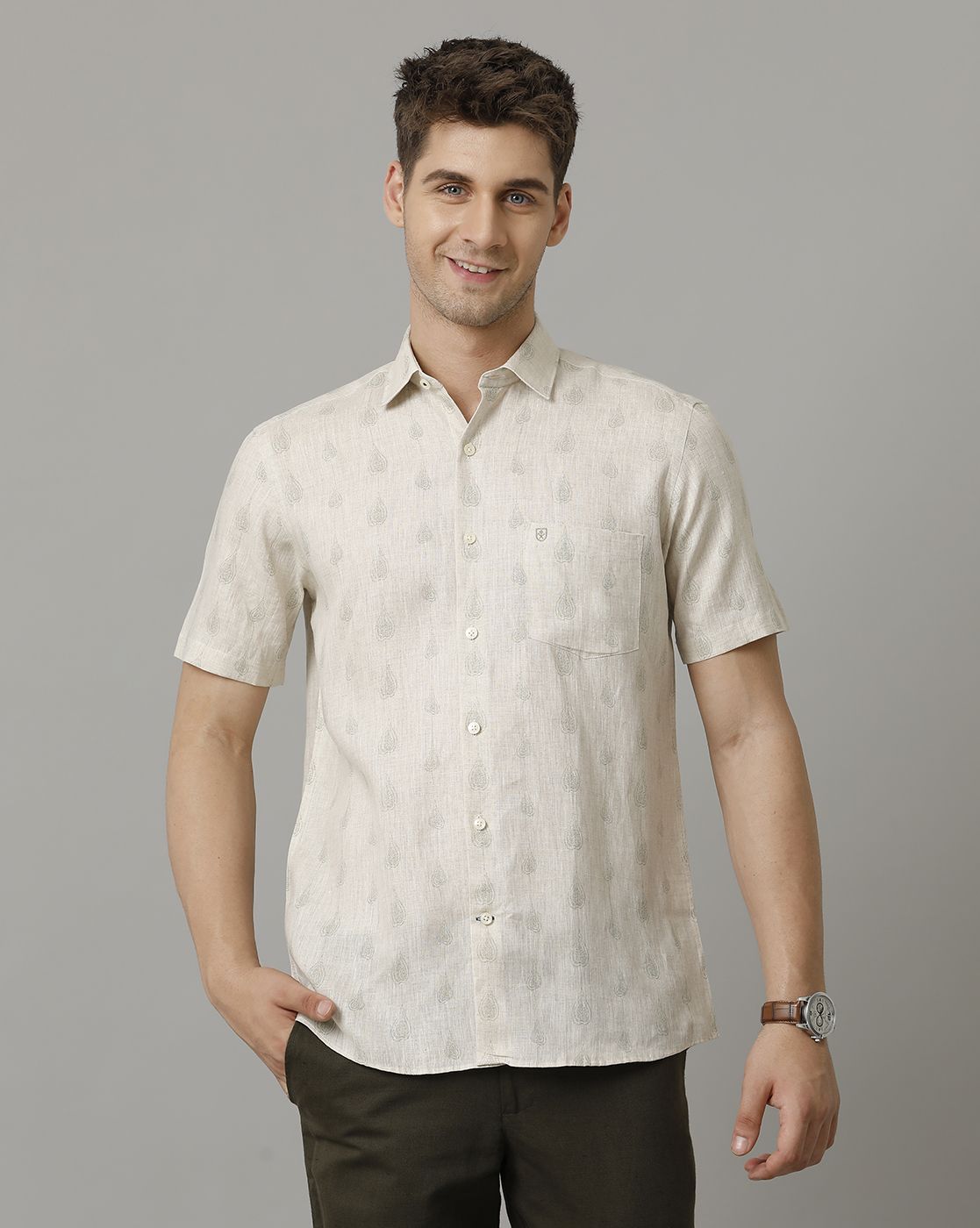 Men's Pure Linen Beige Printed Contemporary Fit Half Sleeve Sleeve Casual Shirt