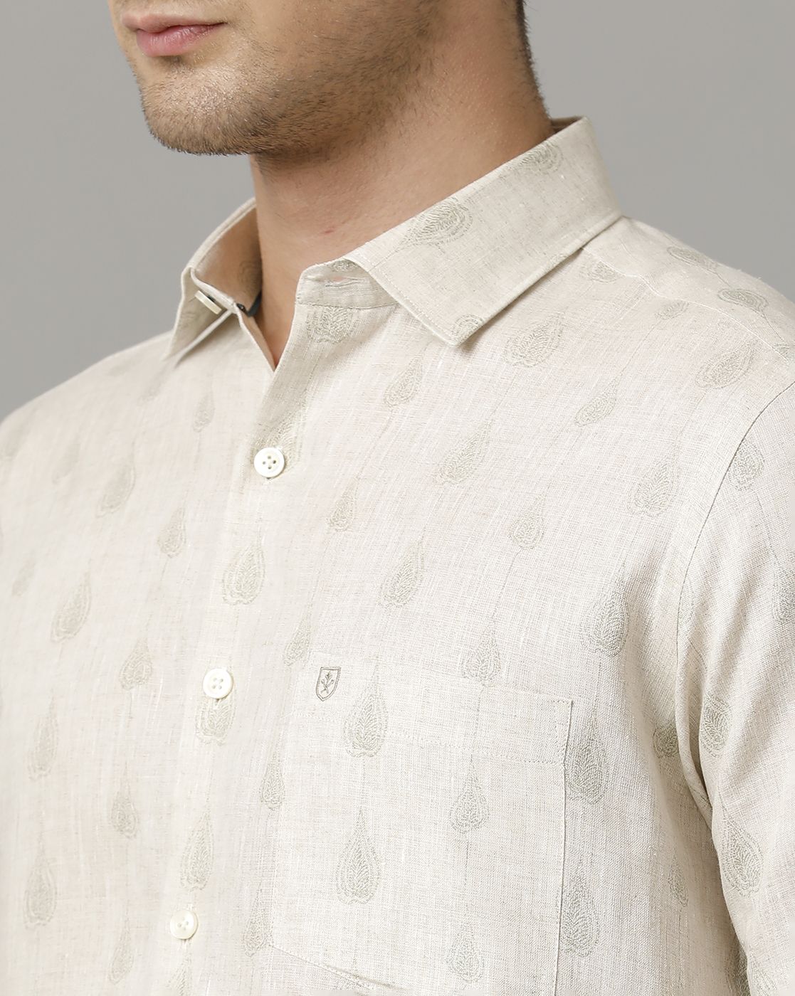 Men's Pure Linen Beige Printed Contemporary Fit Half Sleeve Sleeve Casual Shirt