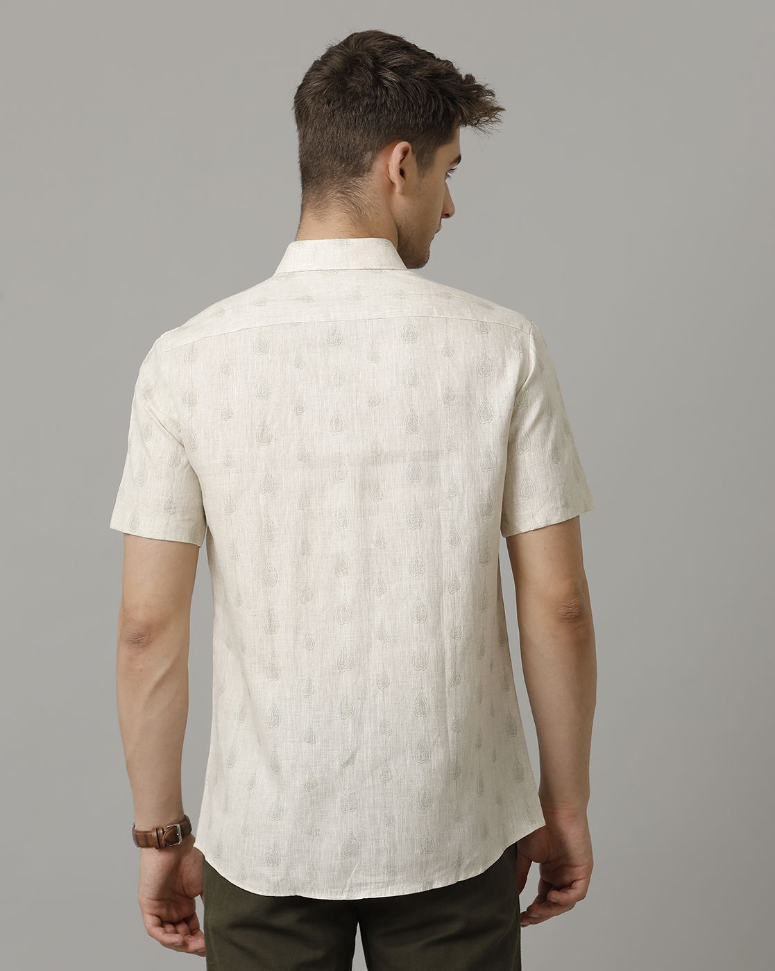 Men's Pure Linen Beige Printed Contemporary Fit Half Sleeve Sleeve Casual Shirt