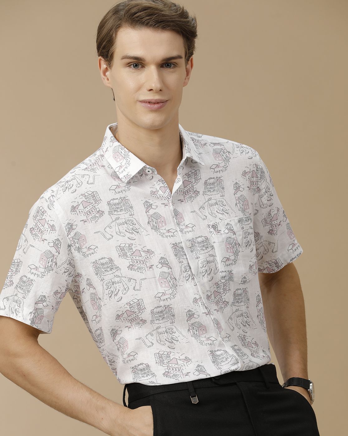 Men's Pure Linen White Printed Contemporary Fit Half Sleeve Casual Shirt