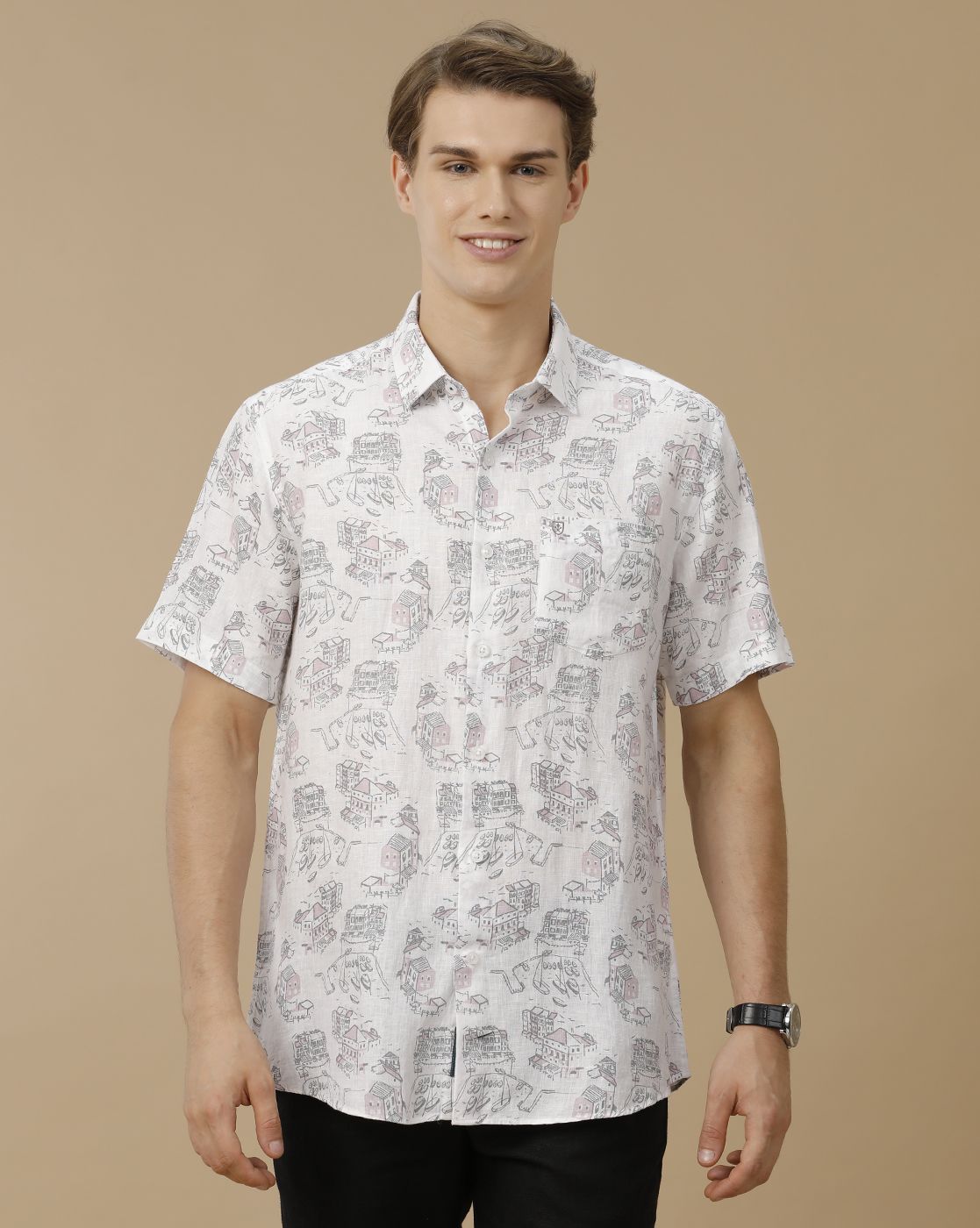 Men's Pure Linen White Printed Contemporary Fit Half Sleeve Casual Shirt