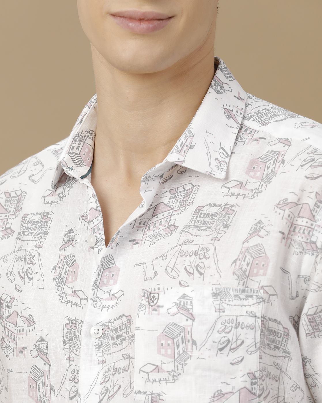Men's Pure Linen White Printed Contemporary Fit Half Sleeve Casual Shirt