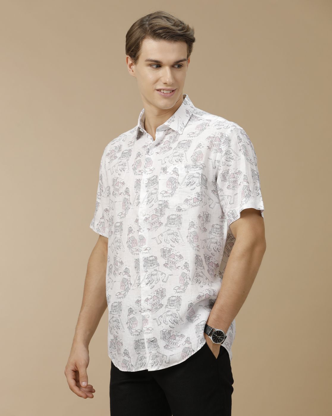 Men's Pure Linen White Printed Contemporary Fit Half Sleeve Casual Shirt