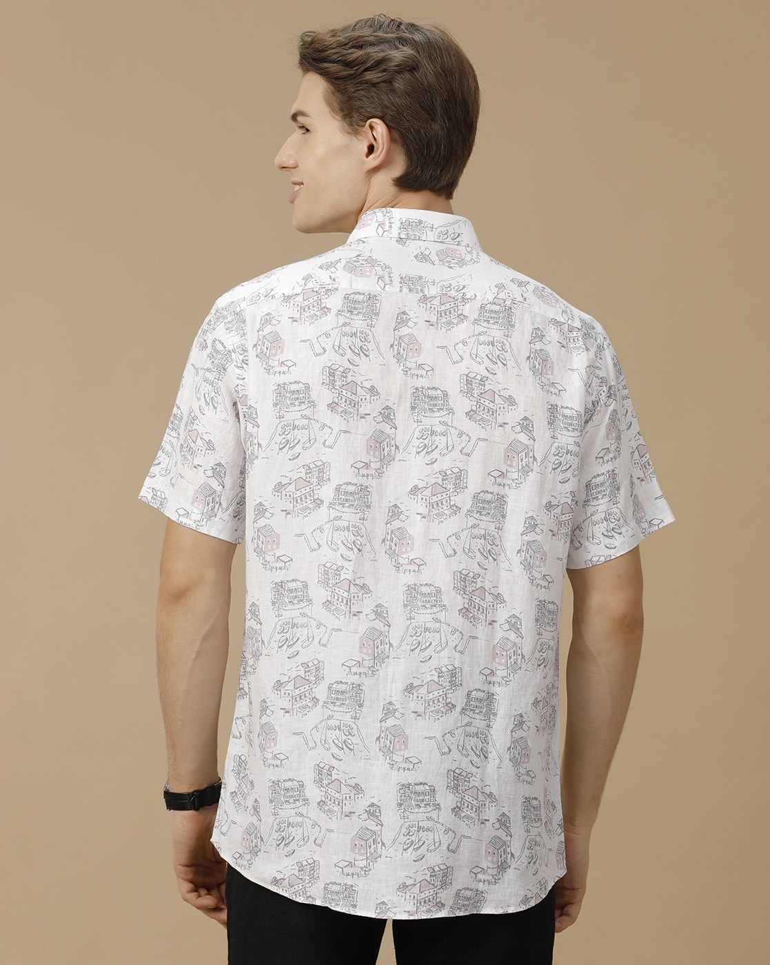 Men's Pure Linen White Printed Contemporary Fit Half Sleeve Casual Shirt