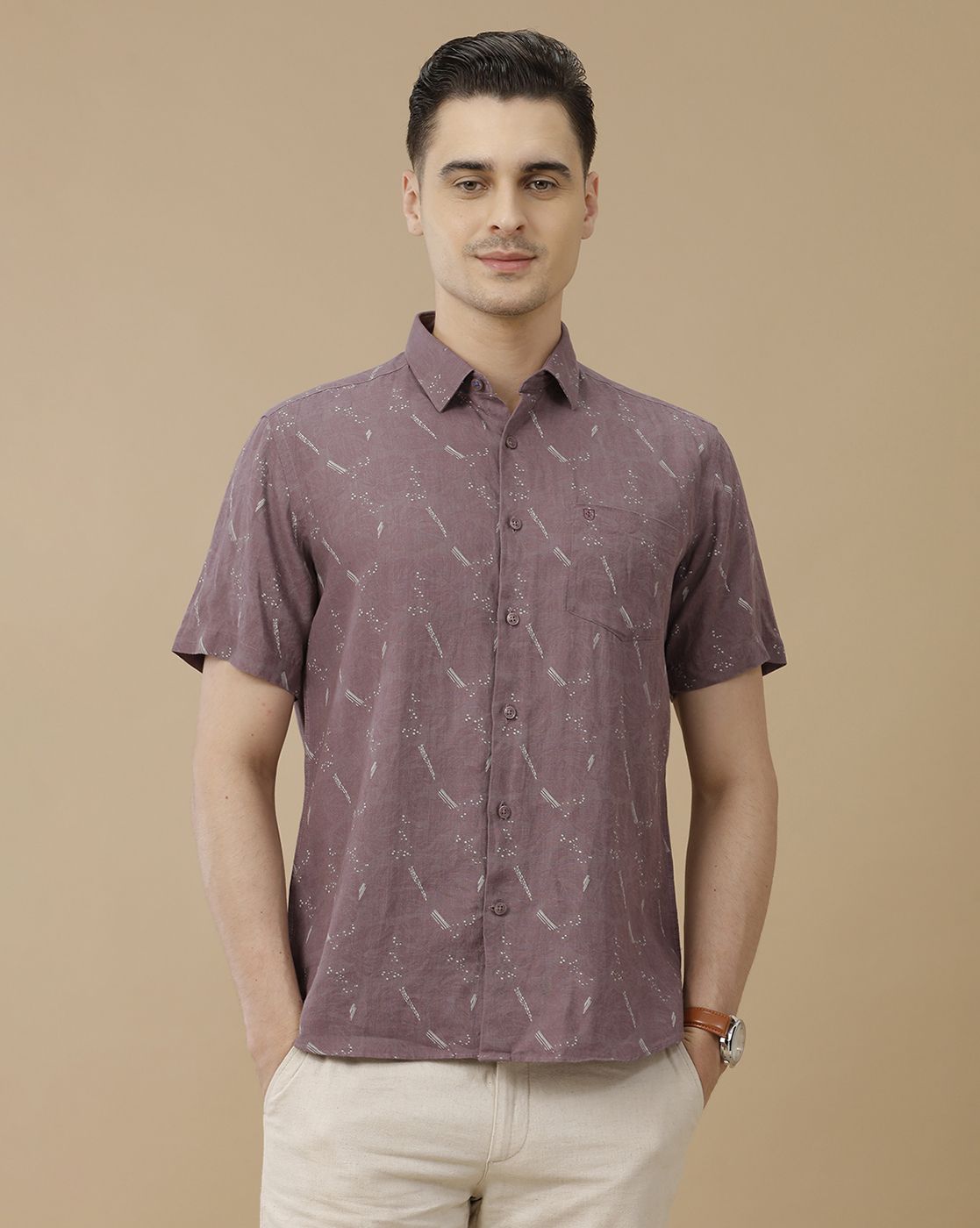 Men's Pure Linen Purple Printed Contemporary Fit Half Sleeve Casual Shirt