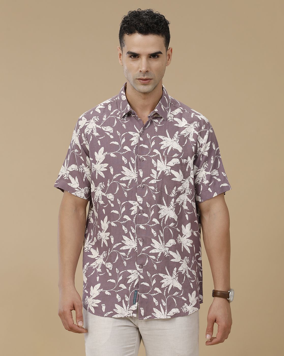 Linen Club Men's Linen Rich Purple Printed Contemporary Fit Full Sleeve Casual Shirt