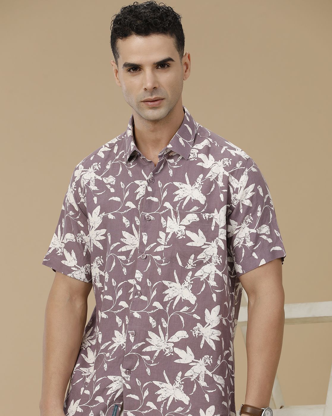 Linen Club Men's Linen Rich Purple Printed Contemporary Fit Full Sleeve Casual Shirt