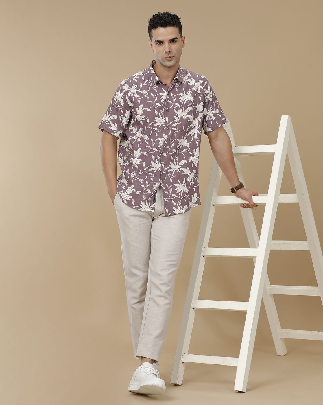 Linen Club Men's Linen Rich Purple Printed Contemporary Fit Full Sleeve Casual Shirt