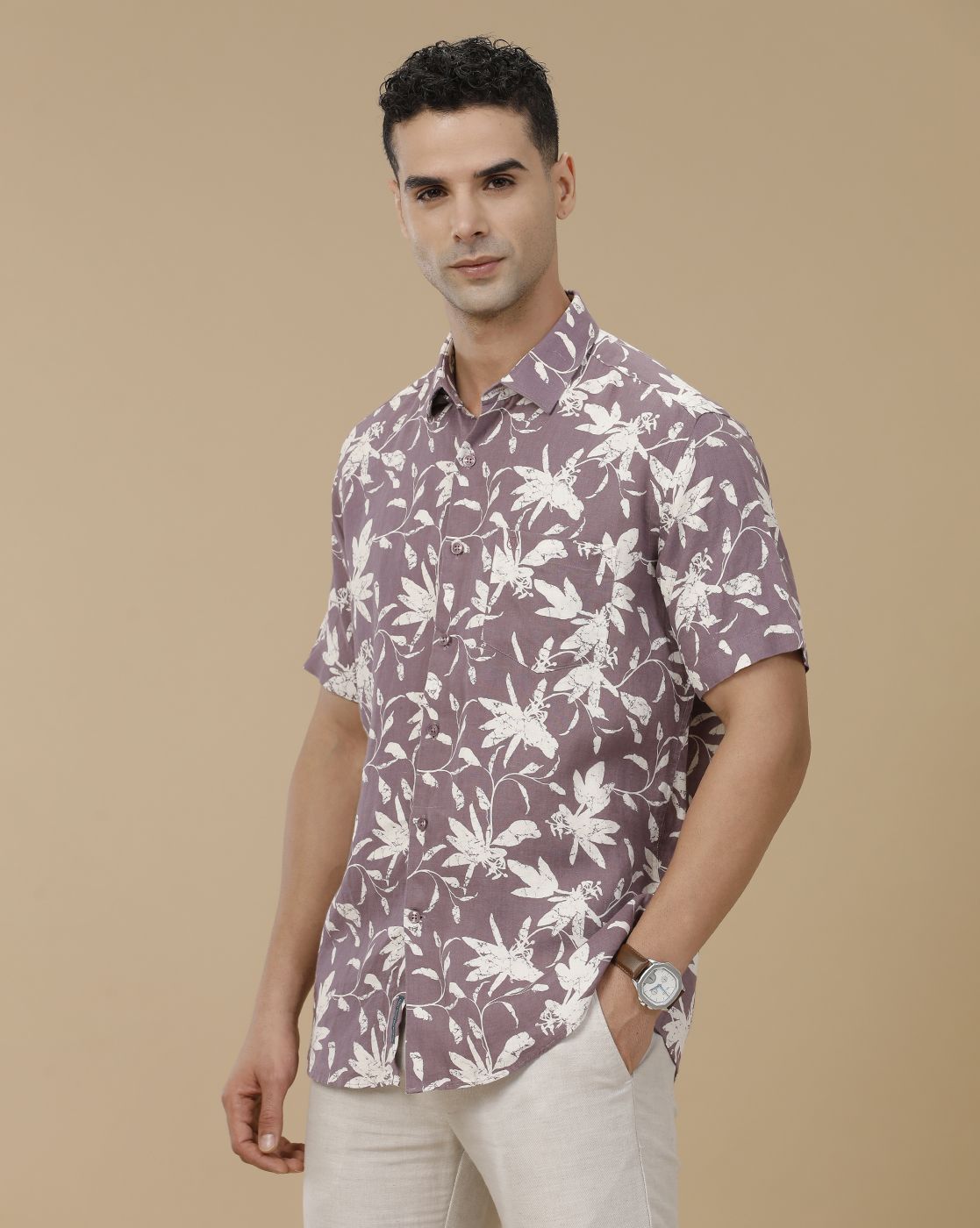 Linen Club Men's Linen Rich Purple Printed Contemporary Fit Full Sleeve Casual Shirt