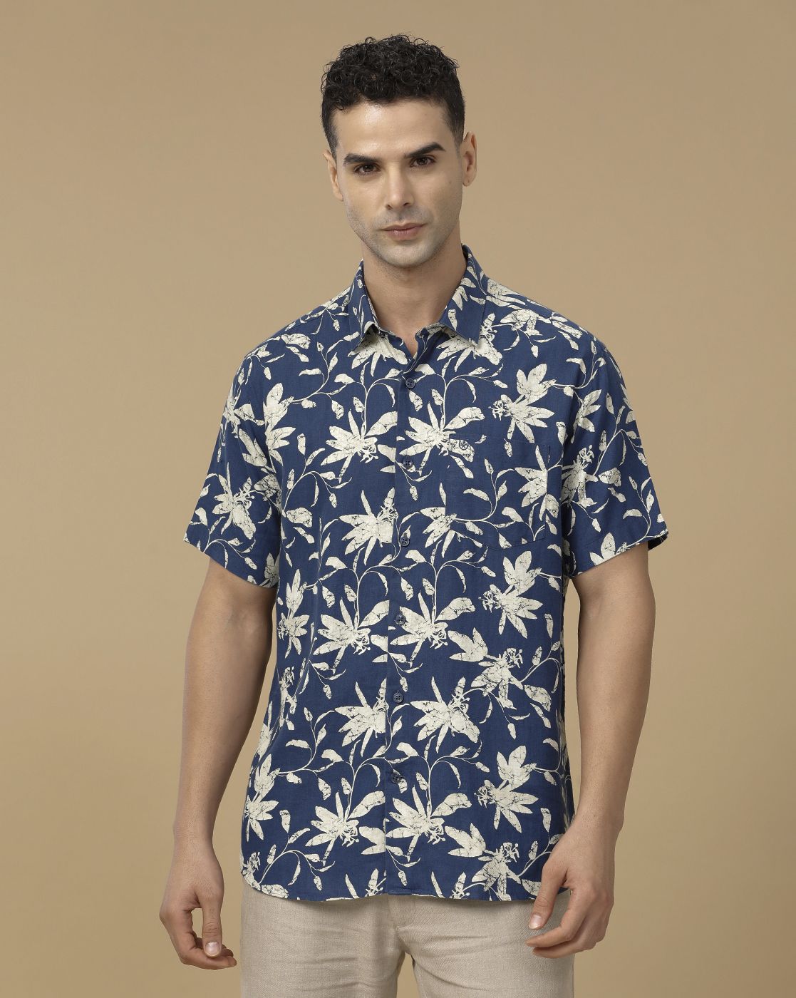 Linen Club Men's Linen Rich Blue Printed Contemporary Fit Full Sleeve Casual Shirt