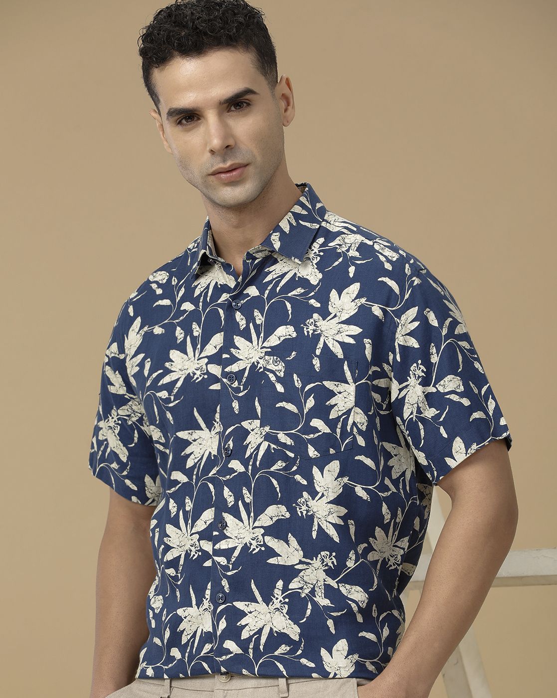 Linen Club Men's Linen Rich Blue Printed Contemporary Fit Full Sleeve Casual Shirt