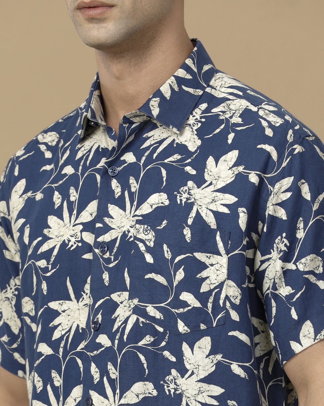 Linen Club Men's Linen Rich Blue Printed Contemporary Fit Full Sleeve Casual Shirt