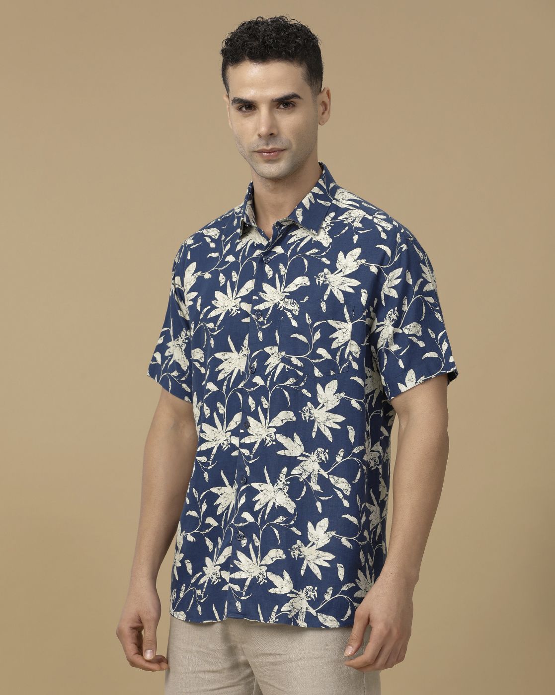 Linen Club Men's Linen Rich Blue Printed Contemporary Fit Full Sleeve Casual Shirt