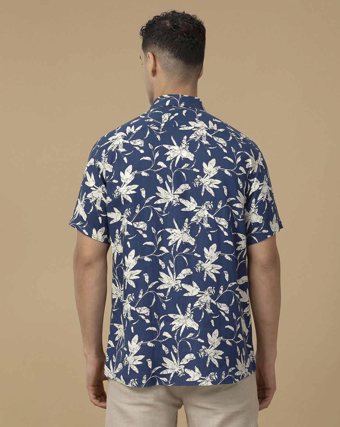 Linen Club Men's Linen Rich Blue Printed Contemporary Fit Full Sleeve Casual Shirt