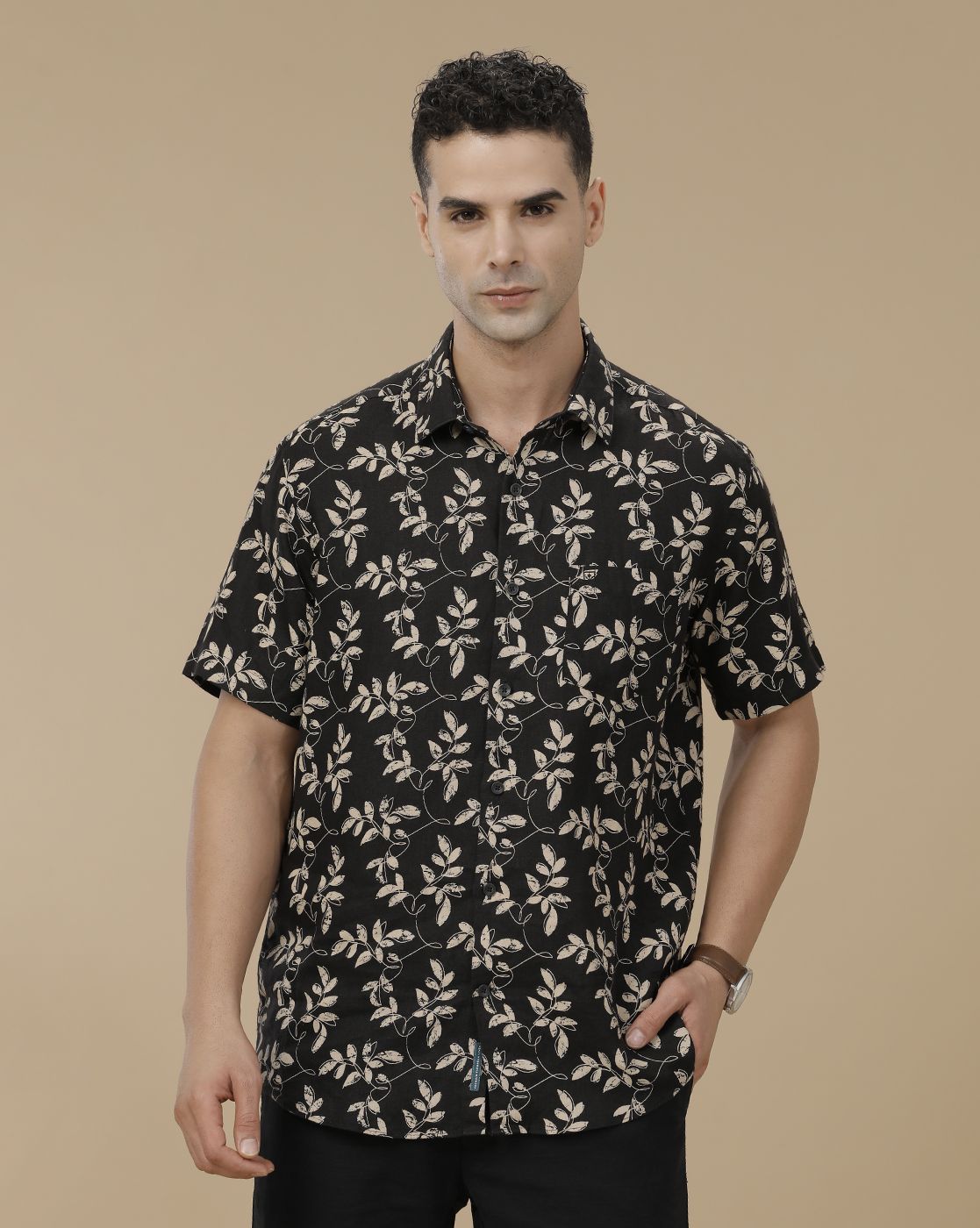 Linen Club Men's Linen Rich Black Printed Contemporary Fit Full Sleeve Casual Shirt