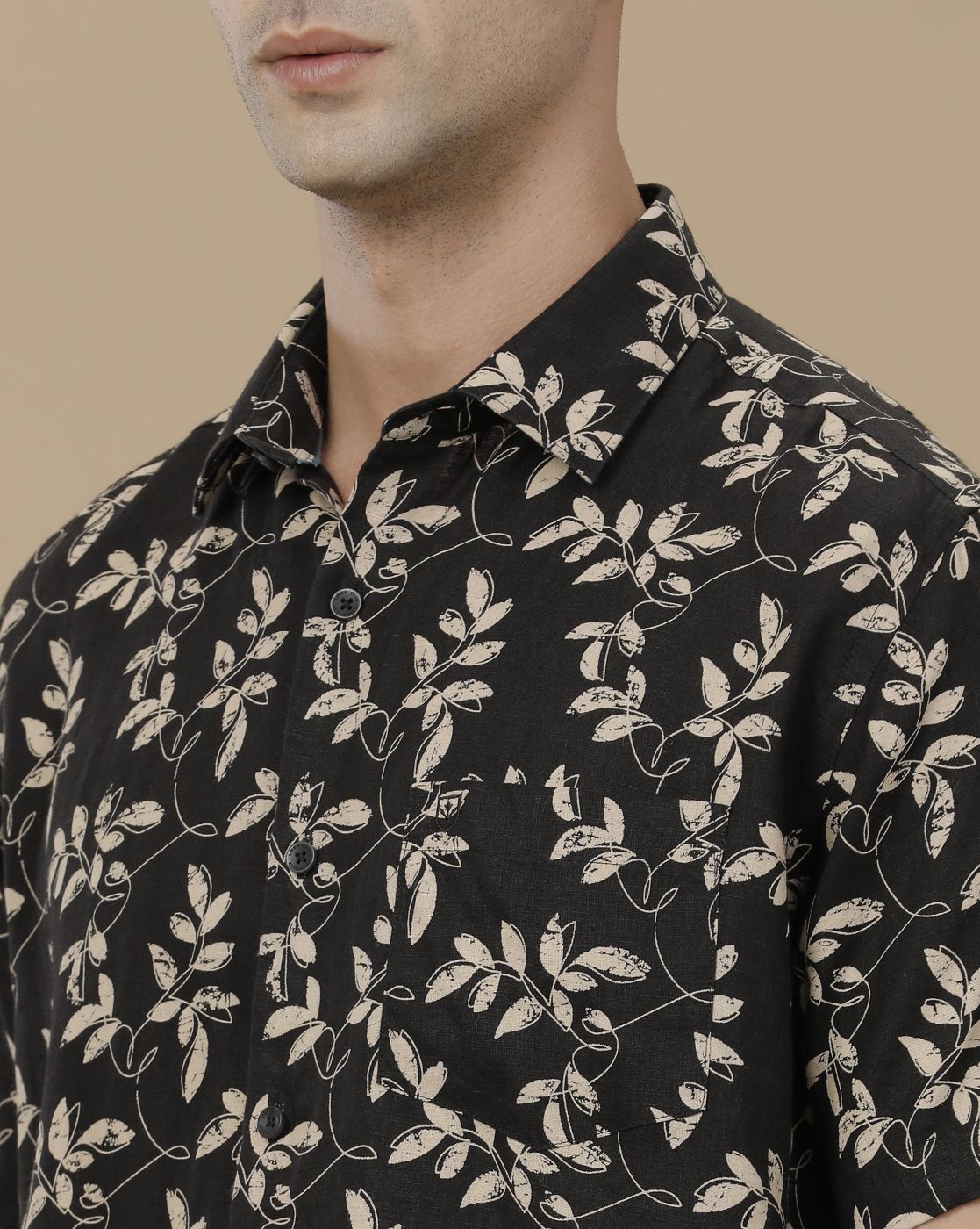 Linen Club Men's Linen Rich Black Printed Contemporary Fit Full Sleeve Casual Shirt