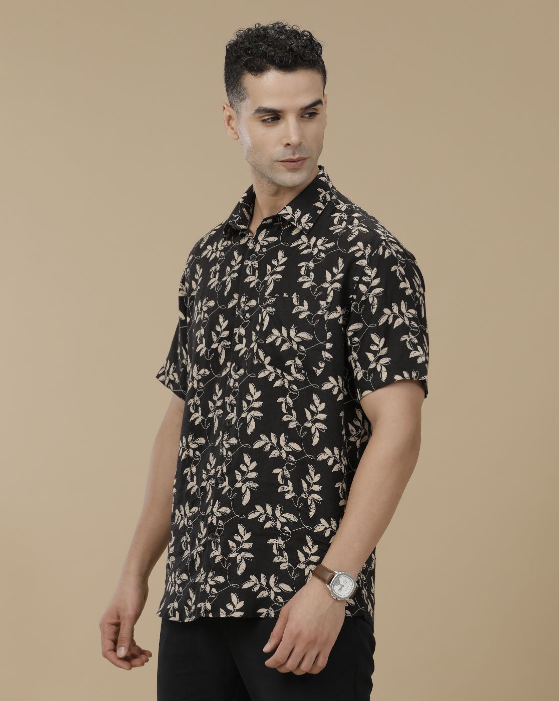 Linen Club Men's Linen Rich Black Printed Contemporary Fit Full Sleeve Casual Shirt