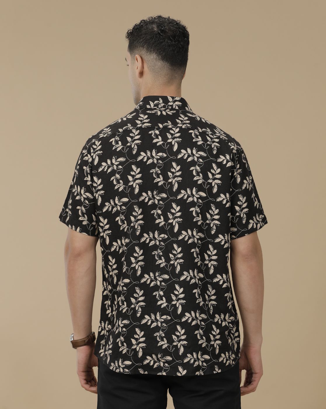 Linen Club Men's Linen Rich Black Printed Contemporary Fit Full Sleeve Casual Shirt