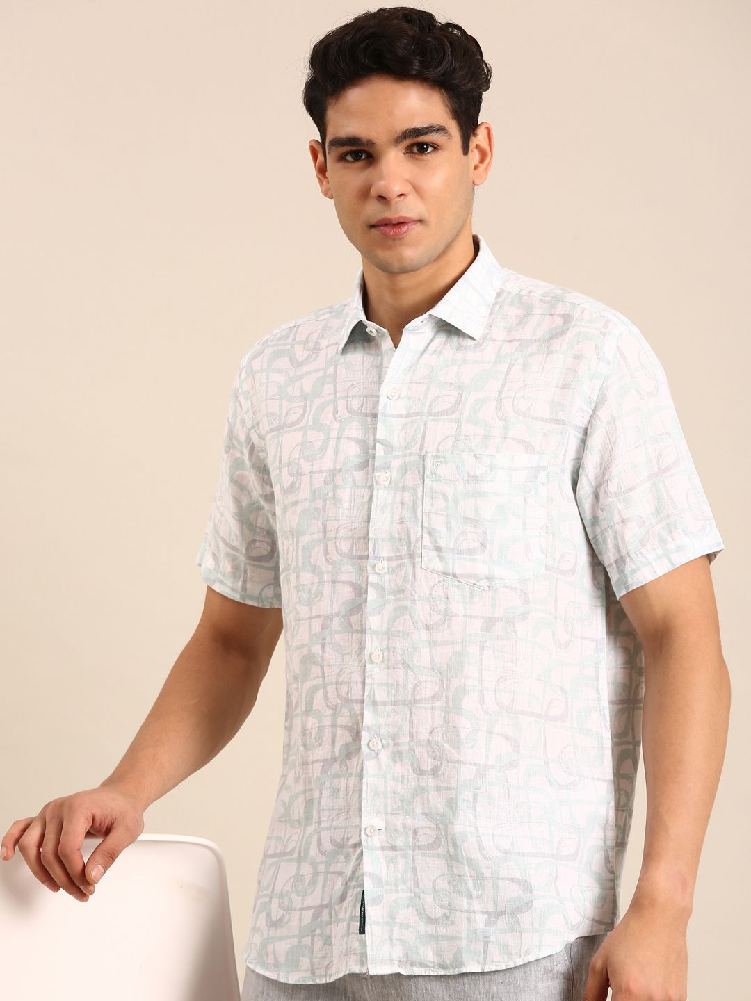 Linen Club Men's Linen Blend Seafoam Green Printed Contemporary Fit Half Sleeves Casual Shirt