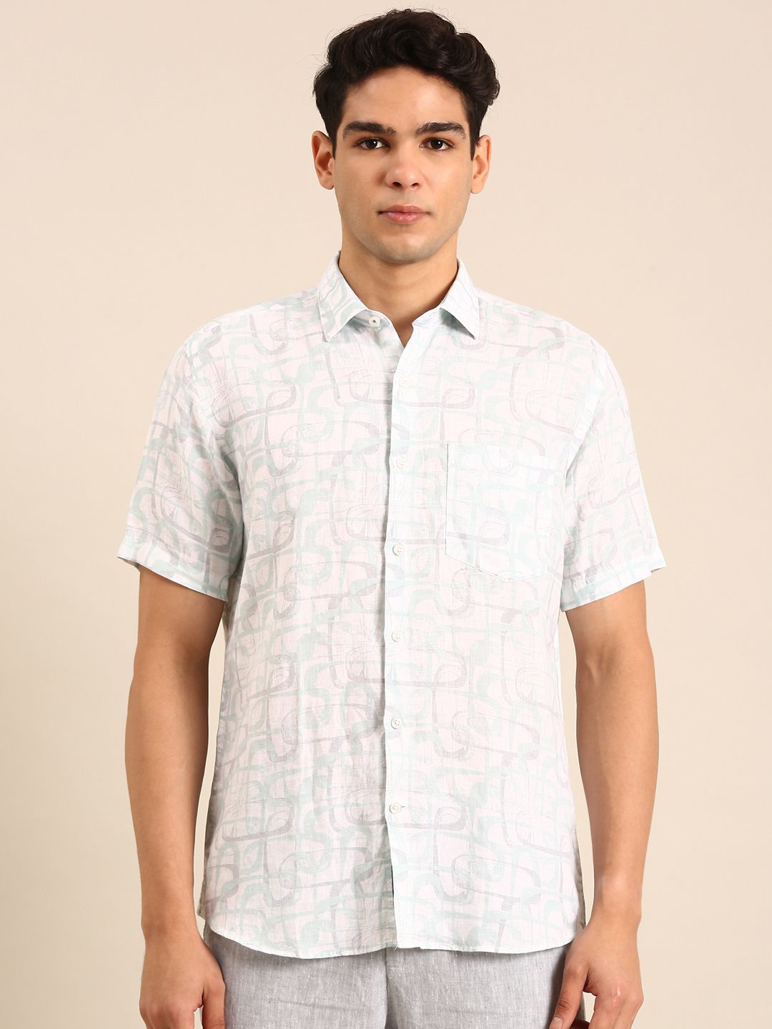 Linen Club Men's Linen Blend Seafoam Green Printed Contemporary Fit Half Sleeves Casual Shirt