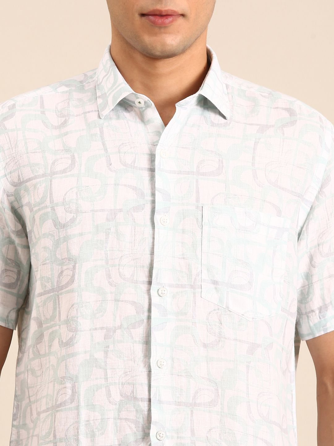 Linen Club Men's Linen Blend Seafoam Green Printed Contemporary Fit Half Sleeves Casual Shirt