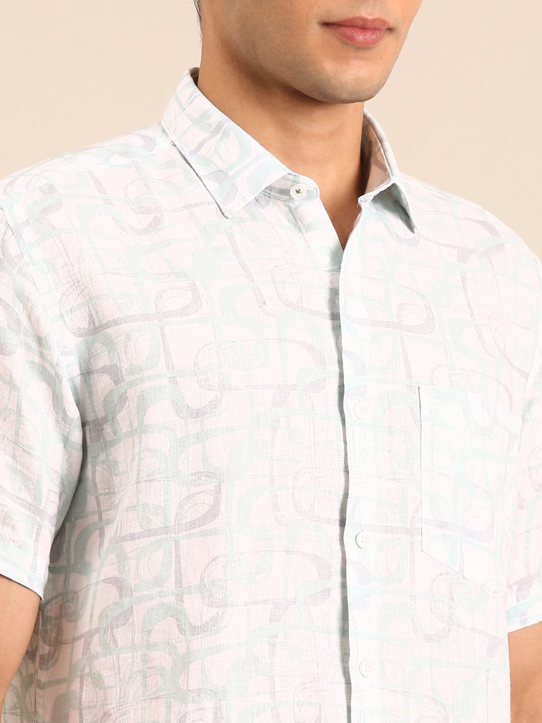 Linen Club Men's Linen Blend Seafoam Green Printed Contemporary Fit Half Sleeves Casual Shirt