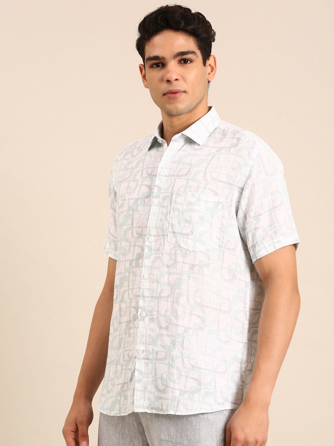 Linen Club Men's Linen Blend Seafoam Green Printed Contemporary Fit Half Sleeves Casual Shirt